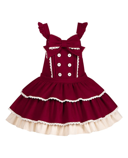 and Overall Sweet Lolita Bow Dress Straps Tiered Red Waist Dropped with Hem Ruffle