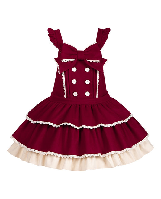 and Overall Sweet Lolita Bow Dress Straps Tiered Red Waist Dropped with Hem Ruffle