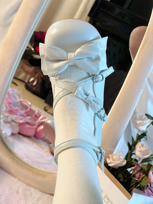Lolita - Mid Heel Bow Decor with Striped Light Blue Sweet Jane Shoes Mary