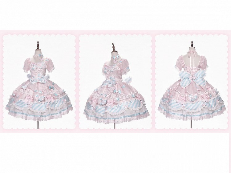 Pink & Blue Sheer Sleeves Tiered Sweet Lolita OP Dress with Bow and Candy Accents - Meng Fu Zi