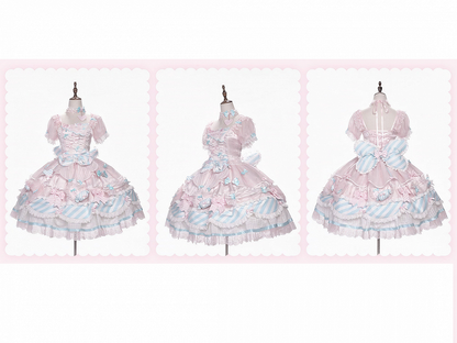 Pink & Blue Sheer Sleeves Tiered Sweet Lolita OP Dress with Bow and Candy Accents - Meng Fu Zi