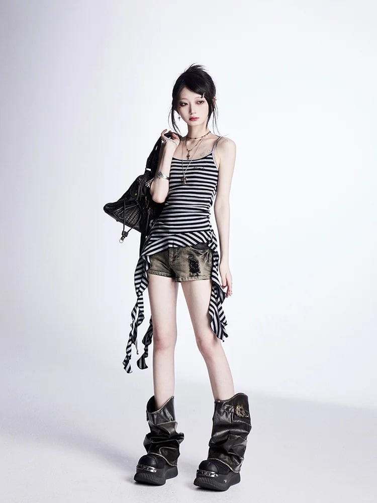 Glamorous Denim Shorts Taille Kreuz Nieten Distressed Schwarz Niedrig