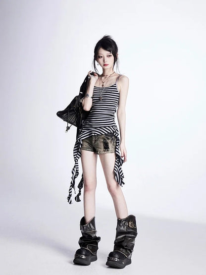 Glamorous Denim Shorts Taille Kreuz Nieten Distressed Schwarz Niedrig