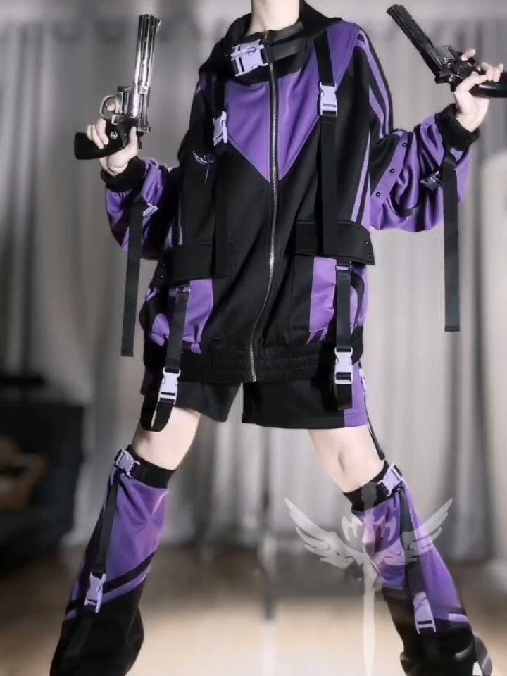 and Landmine Purple Warmers: Black Adjustable Techwear-Inspired Cuffs Aesthetic Leg Snap