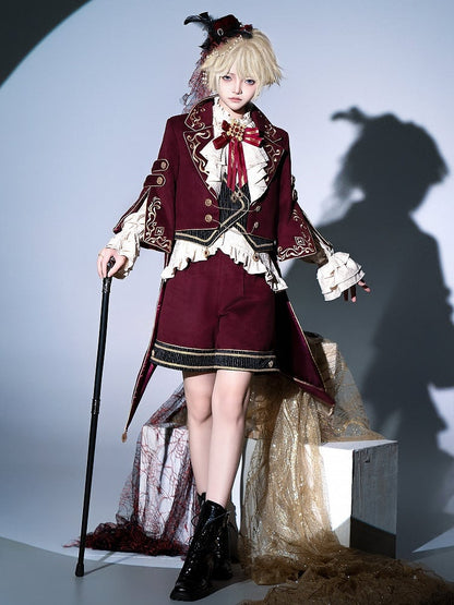 Rotes Ouji Lolita Gryffindor-Outfit, langärmliges Hemd + roter Schwalbenschwanzmantel + Shorts mit geradem Bein