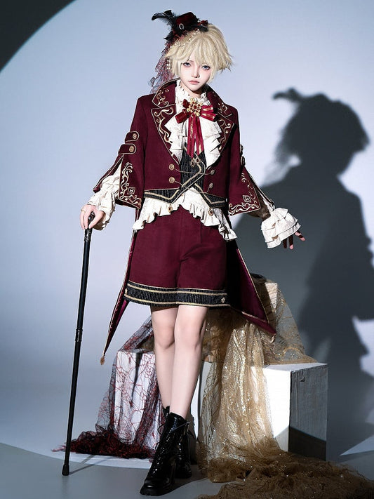 Red Ouji Lolita Gryffindor Outfit Long Sleeves Shirt + Red Swallow Tail Coat + Straight-leg Cut Shorts