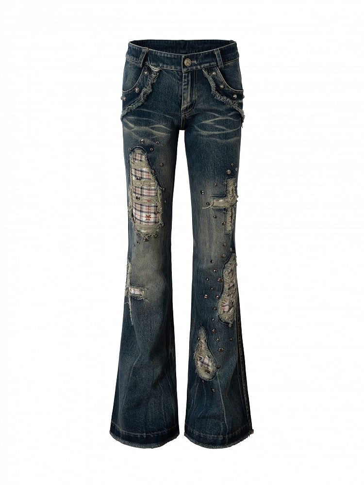 Jeans Light Studs Punk Patches Wash Blue Distressed with Plaid
