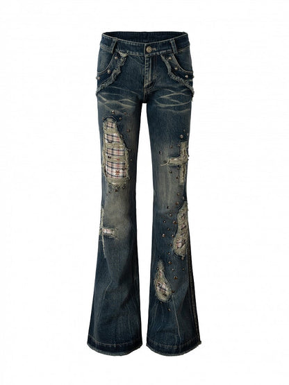 Jeans Light Studs Punk Patches Wash Blue Distressed with Plaid