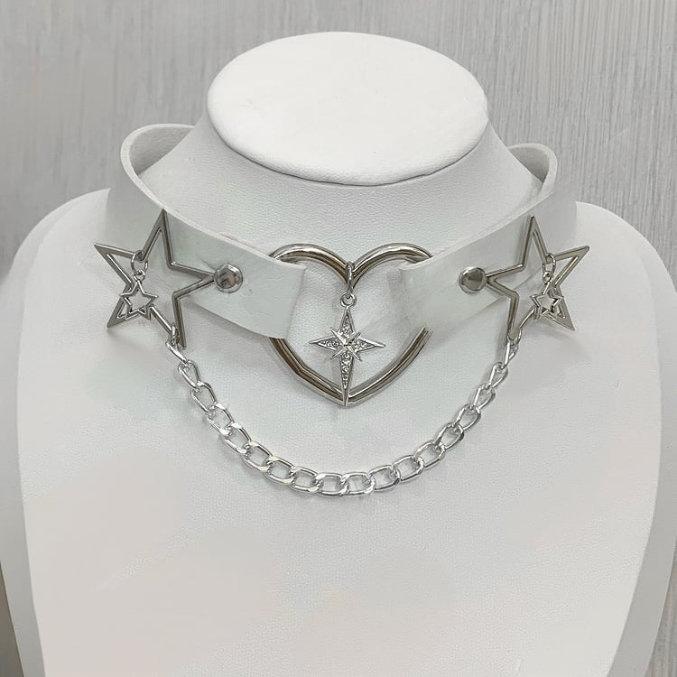 自来計 ブラック ラインストーン スター PU チョーカー チェーン付き