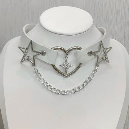 自来計 ブラック ラインストーン スター PU チョーカー チェーン付き