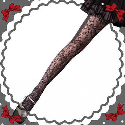 葉と花柄レースタイツフィッシュネット