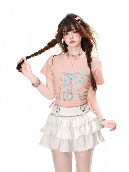 Glamorous Bowknot Schwarz/Gelb/Pink Cropped T-Shirt Kordelzug Taille Akzent