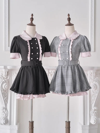 Gray Plaid Dress with Belt and Shorts Set - No Genki