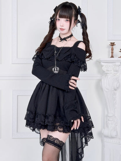 Inverted High-Low Two-Piece Waist Basque Black with Kei Dress: Jirai Off-Shoulder Faux Hem
