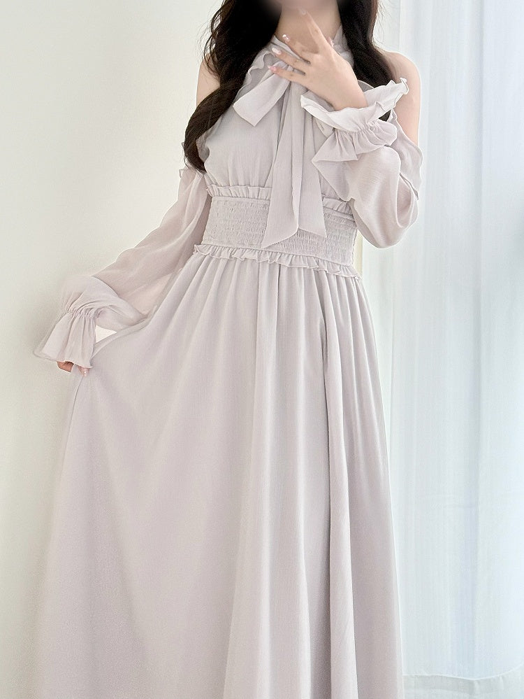 mit Kleid: Grauer heller Stil, Ausschnitt, Unschuld, gesmokt, Kei, Schulter, Taille, Pure Jirai