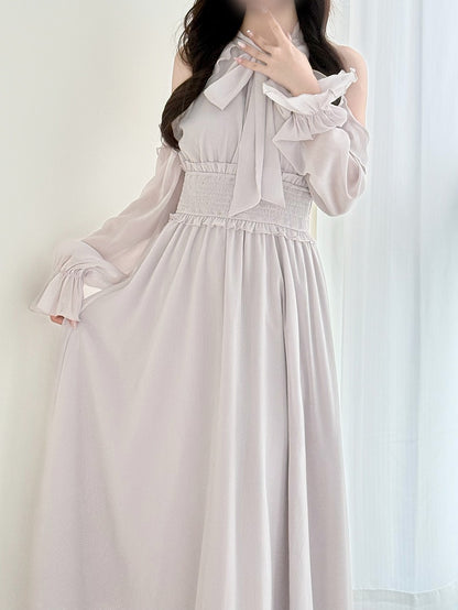 mit Kleid: Grauer heller Stil, Ausschnitt, Unschuld, gesmokt, Kei, Schulter, Taille, Pure Jirai