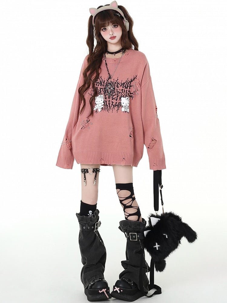 キティプリントのダメージ加工穴あきスイカ柄ルーズセーター