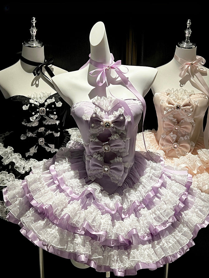 Purple Bows Decorated Bodice Sweet Layered Skirt Princess Birthday Strapless Dress
