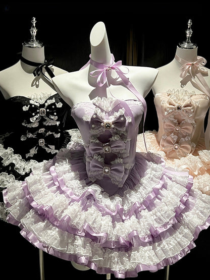 Purple Bows Decorated Bodice Sweet Layered Skirt Princess Birthday Strapless Dress
