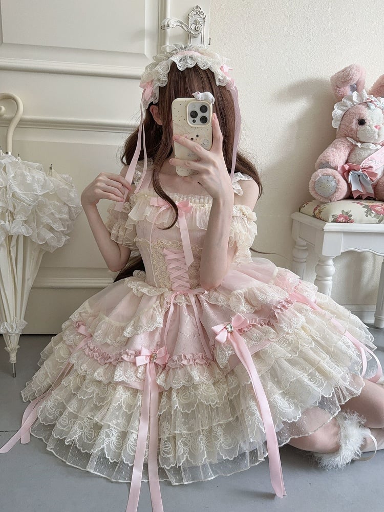 / Multi-Layer Ballet-Style Large Cute Only JSK Dress with Lace Train + Skirt Bow Details Pink Princess Ribbon