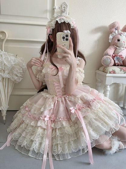 / Multi-Layer Ballet-Style Large Cute Only JSK Dress with Lace Train + Skirt Bow Details Pink Princess Ribbon