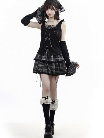 Black Fake Two-Piece Halter Top with Plaid Ties - PINK SAVIOR