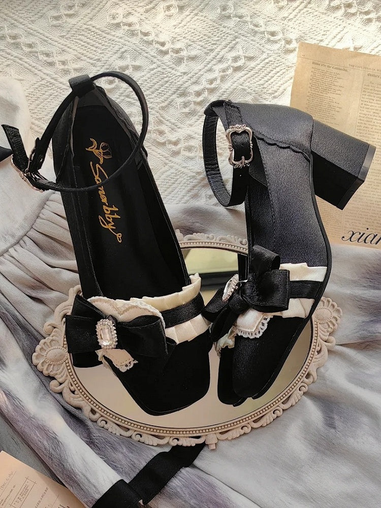 - Lolita Mid Black Heels Sophisticated Square Toe