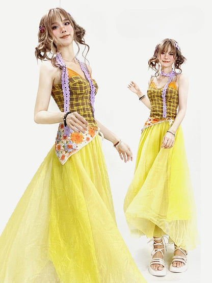 キャミソールトップパープルセット スカーフサマーオーバーレイ + チェック柄イエロースカート