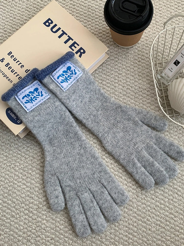 (4 Contrast Wool-Blend Cuffs Gloves Long Knit with Colors)