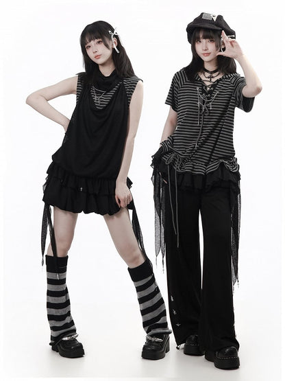 Black Bubble Skirt with Streamer Details - PINK SAVIOR