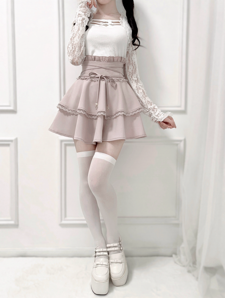 Ruffled High Tie and Black/Dusty Design Detail Pink/White in Corset Waist Skirt Double-Layer