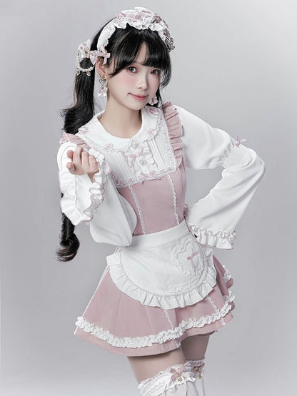 - Baggy Top Jirai Kei Maid-Inspired Black/Pink Three-Piece Set Sleeve