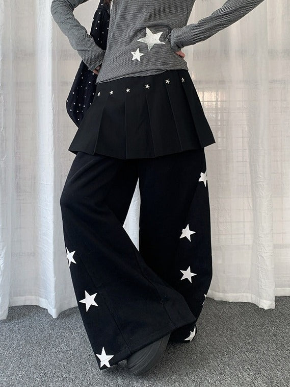 Black/Gray Curved Leg Pants with Star Print - Solkatt