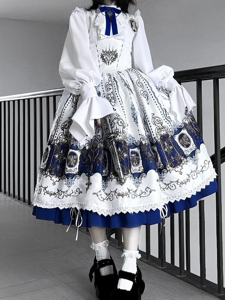 Blue Bat Lolita JSK with Dress Dark Lace-Trimmed Shoulder White Candelabras Gothic Print Straps Drawstring Wings