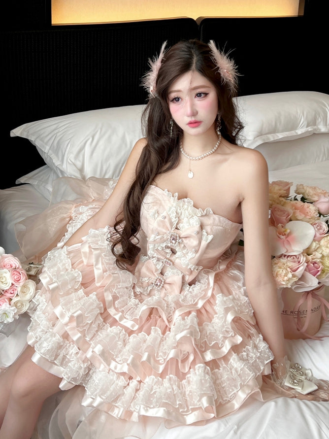Pink Bows Decorated Bodice Sweet Layered Skirt Princess Birthday Strapless Dress