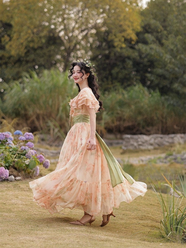 Orange Pink Vintage Floral Print Tiered Shawl Collar Dress