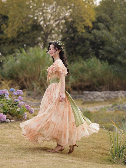 Orange Pink Vintage Floral Print Tiered Shawl Collar Dress