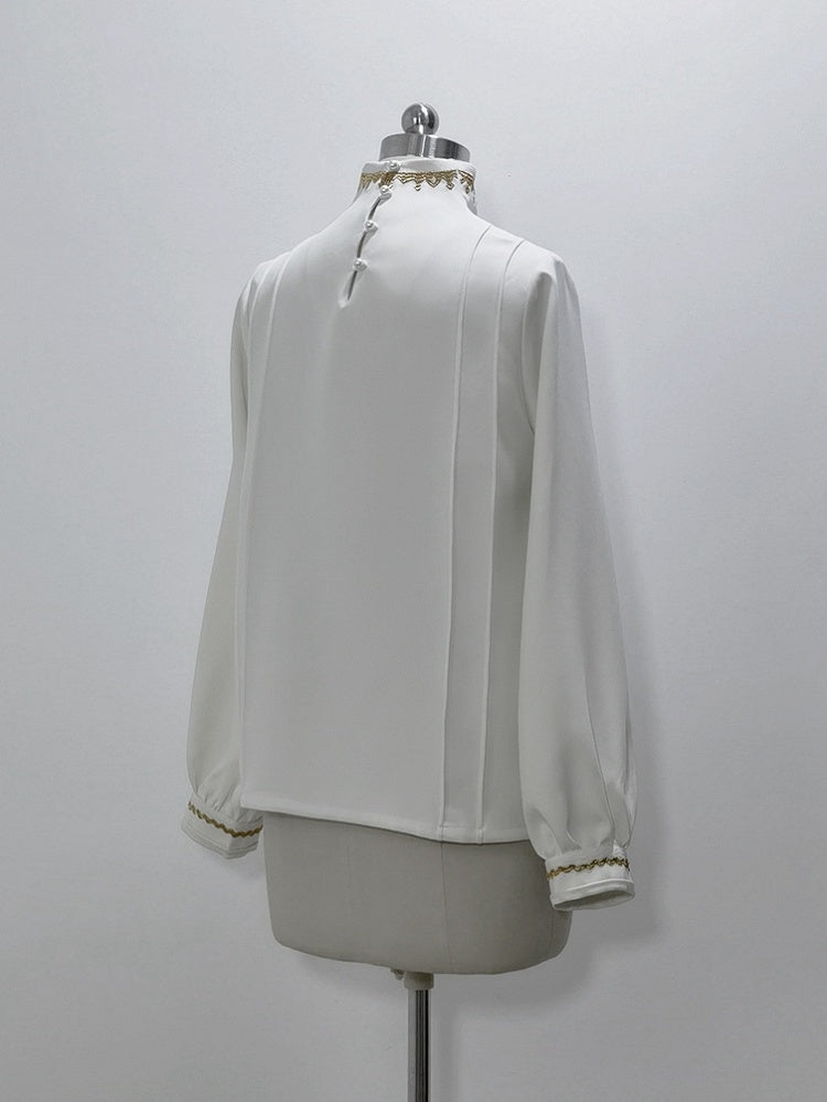 Chinoiserie Stand Ouji Shirt Lace-up Collar White