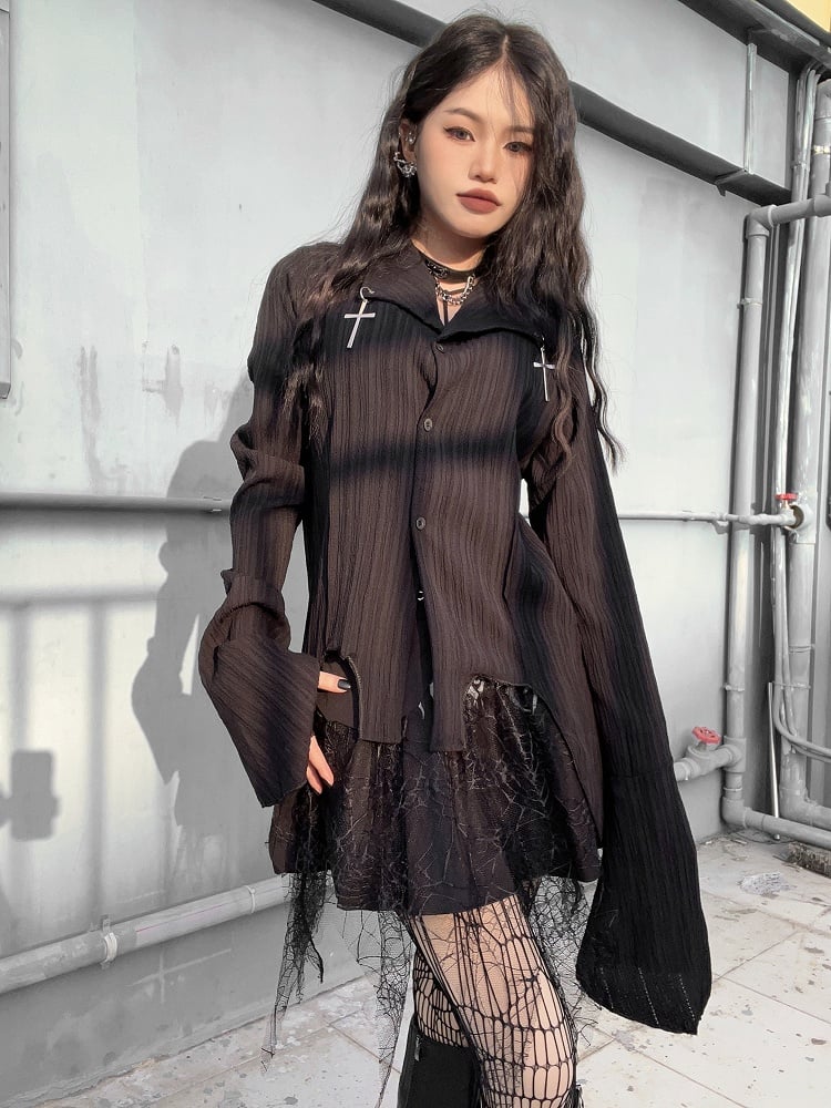 Shirt Cross Hem with Silver Punk Gothic Asymmetric Charms Black