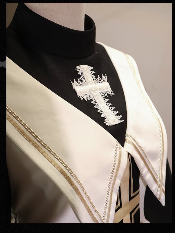 White and Black Cross Details Bell Sleeves Nun Lolita Dress