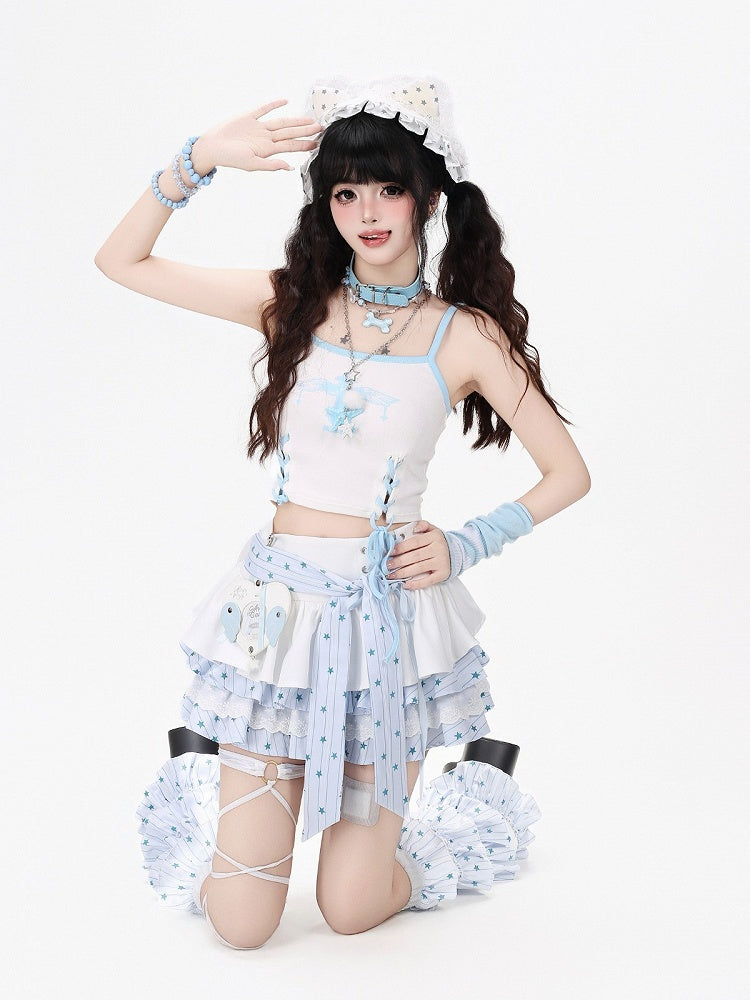 Sweet Edgy Kawaii White & Blue Tiered Skirt with Star Print and Waist Tie + Matching Leg Warmers Set - CRAZY GIRL
