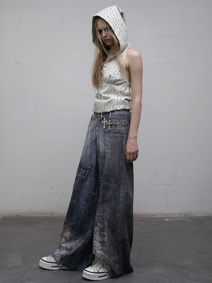 Print Spitzenjeans Schnitt Weites Bein Blau Kette Punk Wasteland Details