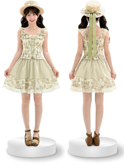 Light Vintage Print Lace Grape Green Elastic Waist Trim