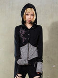 Punk Hem Hoodie Gray Knit Rhinestone Cuffs Black Y2K with Totem Jacket