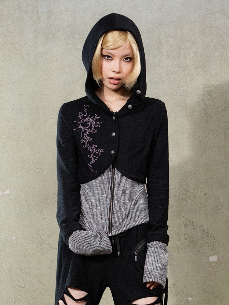 Punk Hem Hoodie Gray Knit Rhinestone Cuffs Black Y2K with Totem Jacket