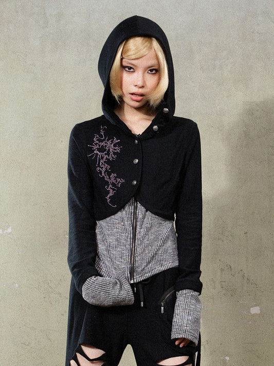Punk Hem Hoodie Gray Knit Rhinestone Cuffs Black Y2K with Totem Jacket