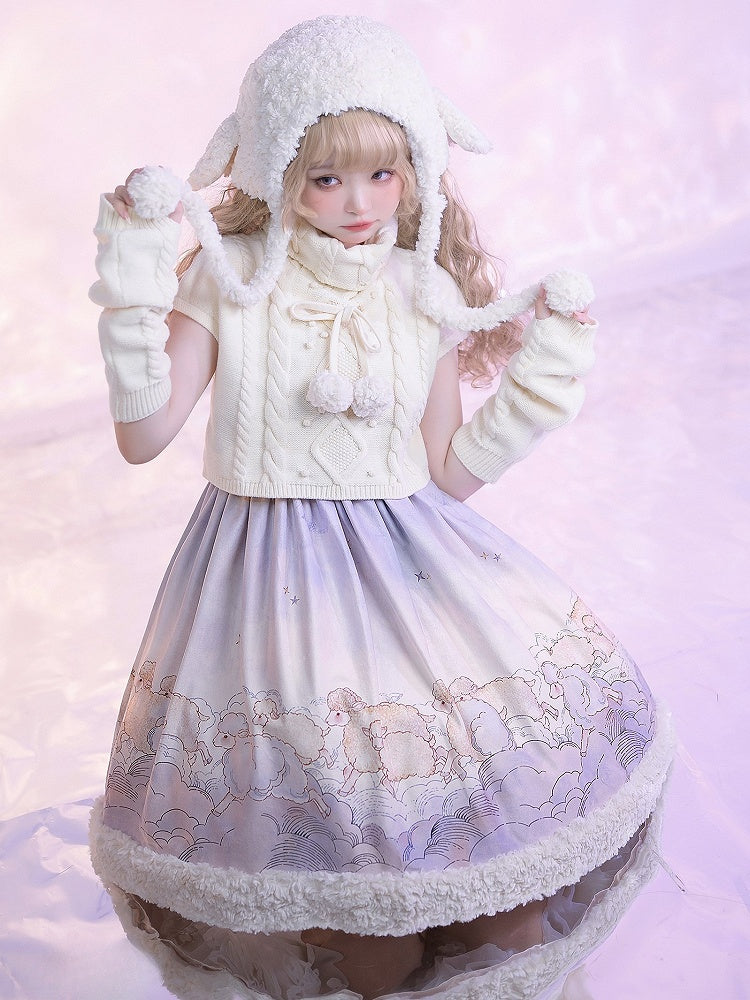 Lolita Top Knit Sheep Winter and Print Set Sleeves Dress Cloud Sweet for Autumn Purple +