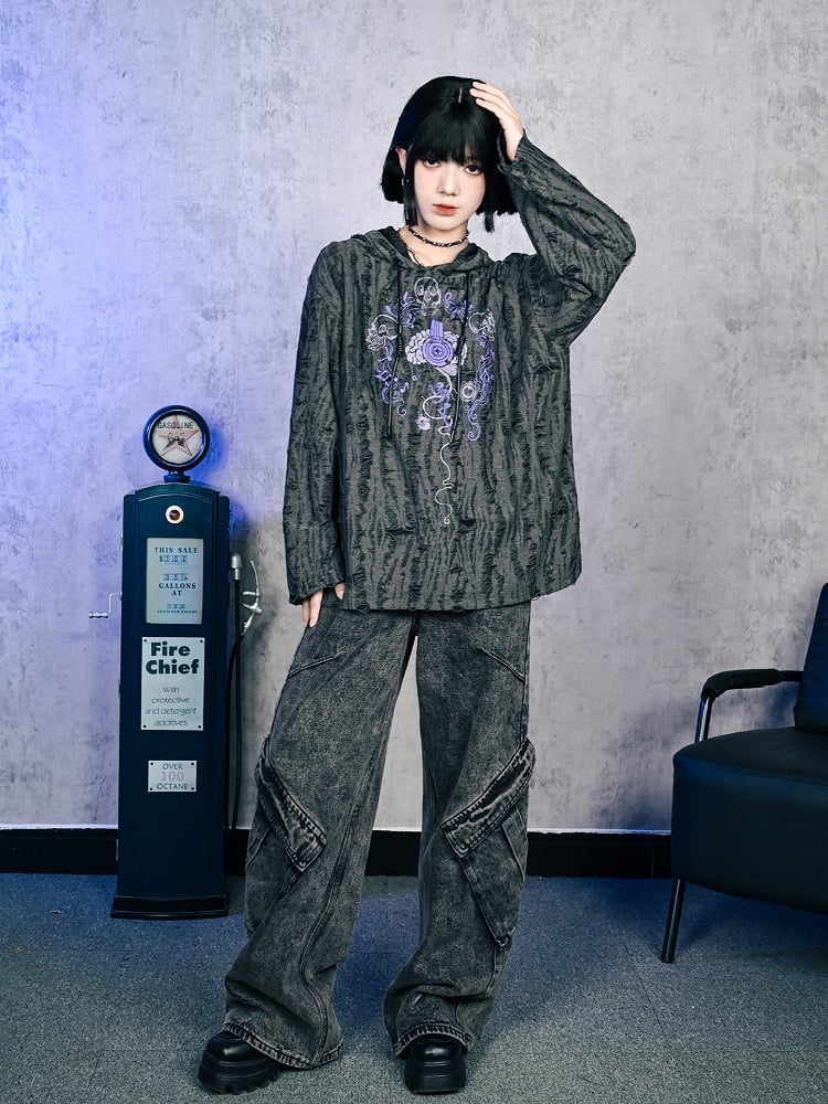 Print Distressed Gray Hoodie Gothic Brain Hole with Music Double-Layer