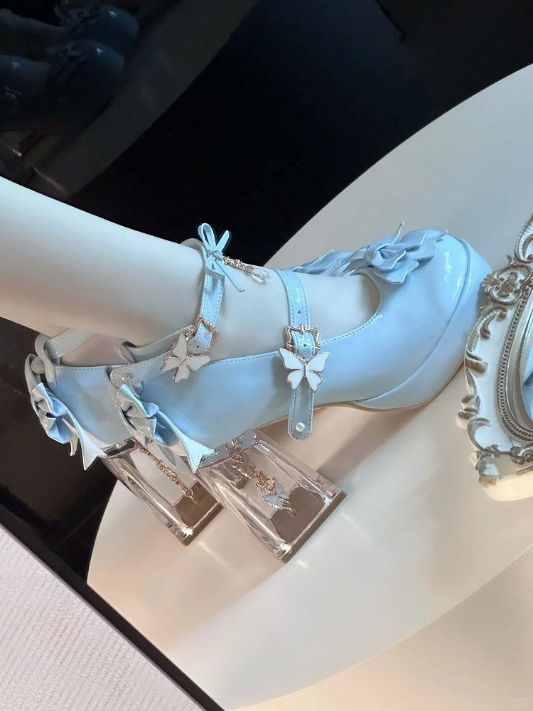 with Diamond-like Light Mary Janes Snap High-heel Charm Closure Blue Hime Lolita