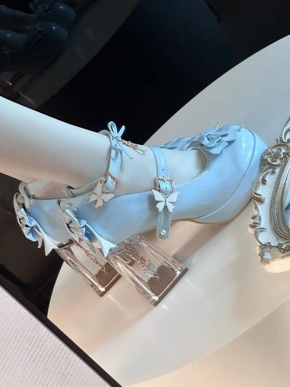 with Diamond-like Light Mary Janes Snap High-heel Charm Closure Blue Hime Lolita